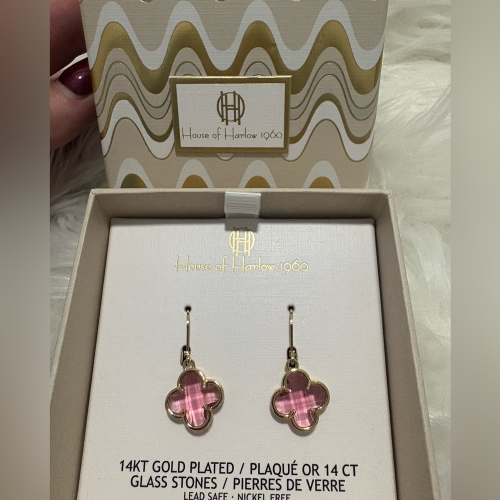 NWT House of Harlow 1960 Gold Pink Clover Earrings